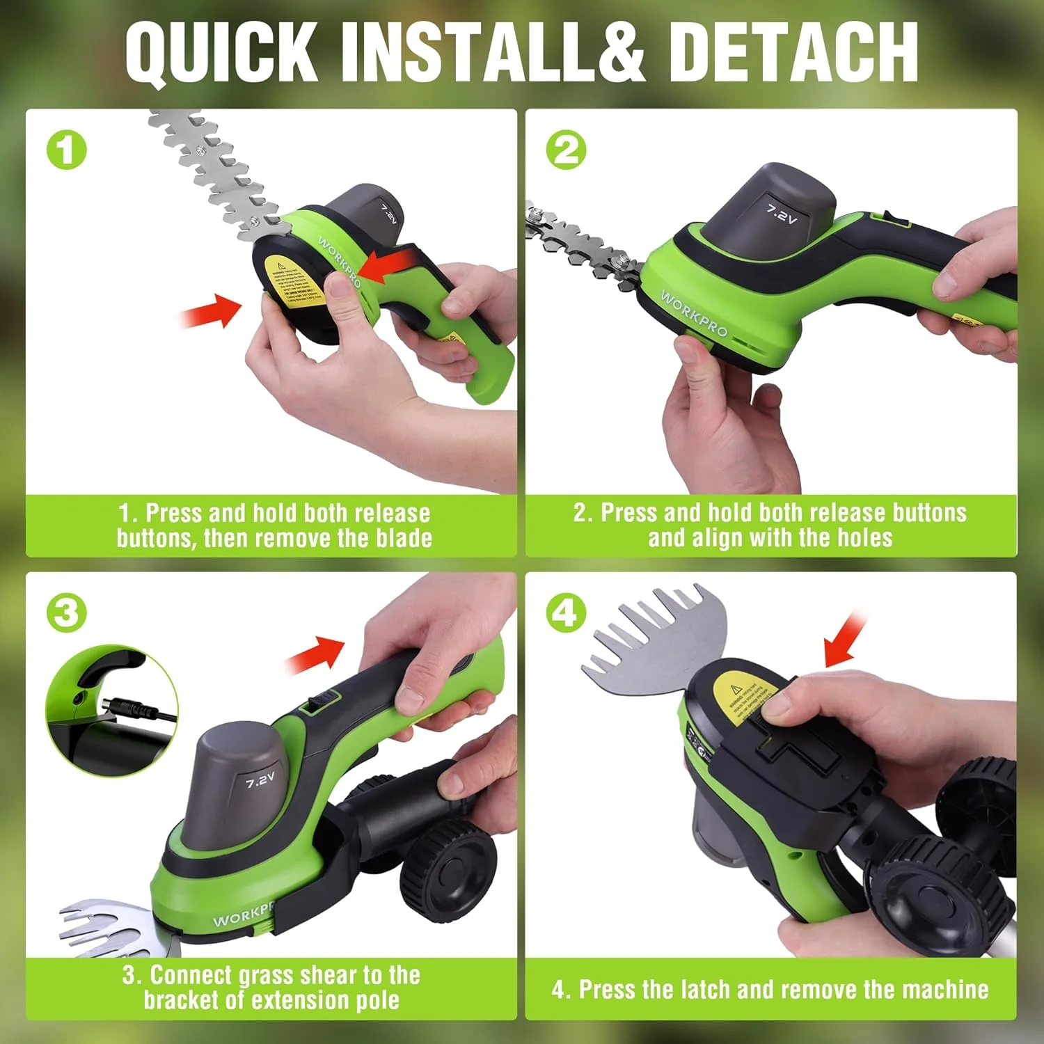 WORKPRO 7.2V Handheld Grass Trimmer, 2-in-1 Cordless Hedge Trimmer & Grass Shears with 44.5” Wheeled Extension Pole, 2Ah Battery, Shrub Trimmer for Lawn Edging, Garden, Yard & Hedge Trimming - Image 7