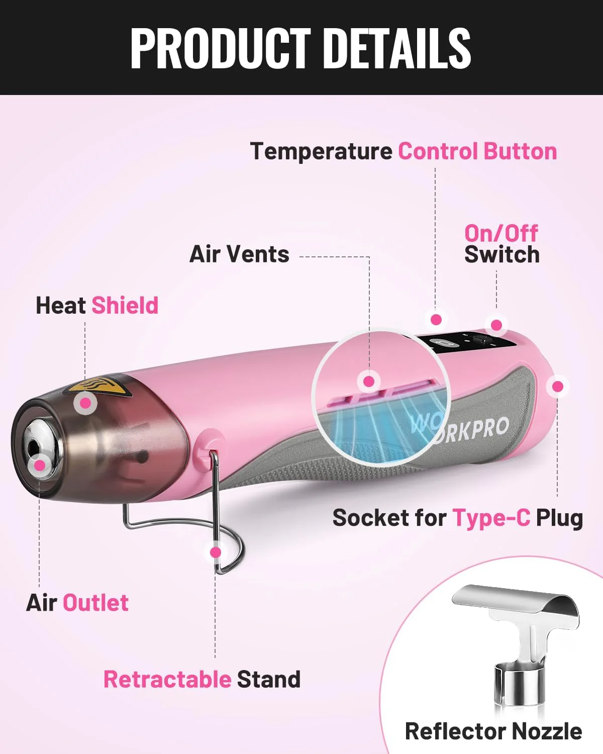 WORKPRO 7.2V Mini Cordless Heat Gun, 842? Hot Air Gun with Reflector Nozzle, 3 Temp Settings Cool Air, 482?/842?, Ceramic Heating Core, Ideal for Christmas Crafts, Includes 50 Heat Shrink Tubes - Image 3