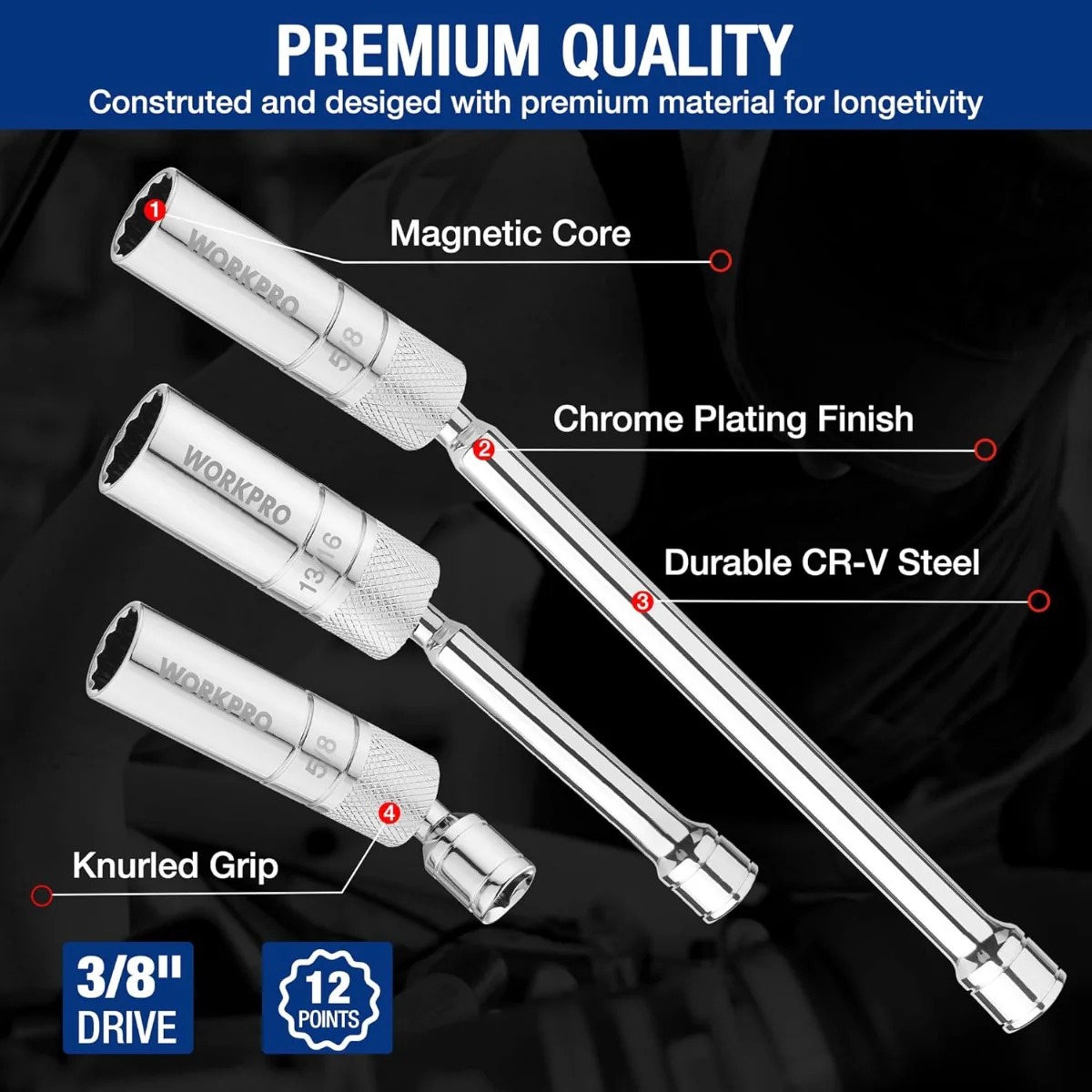 WORKPRO 7 PCS Magnetic Swivel Spark Plug Socket Set - Image 4
