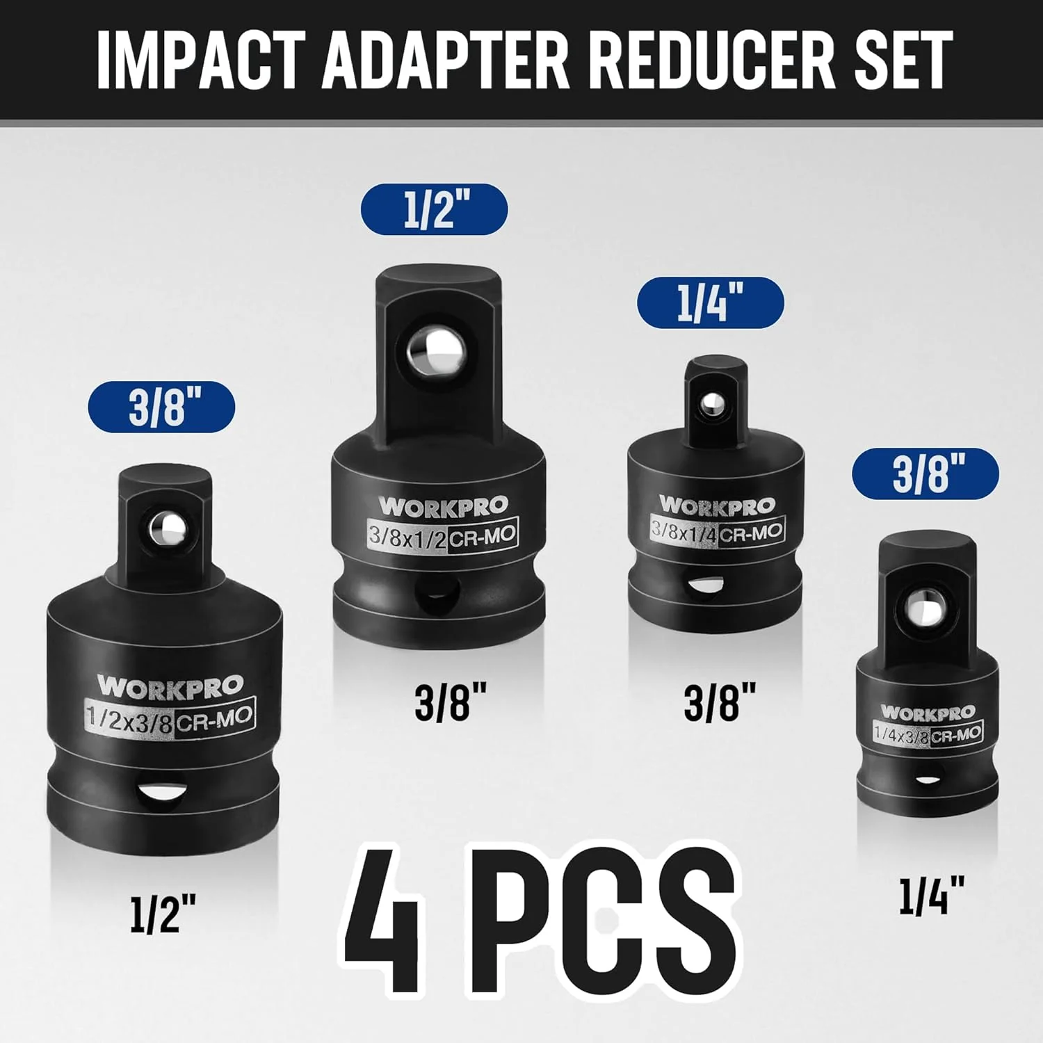 WORKPRO 7-Piece Impact Socket Adapter & Extension Set, CR-MO Steel | Includes 3-Piece 1/4" Hex Shank Impact Extension (1/4",3/8",1/2" Drive) & 4-Piece Socket Adapter/Reducer Set, Impact Grade - Image 2