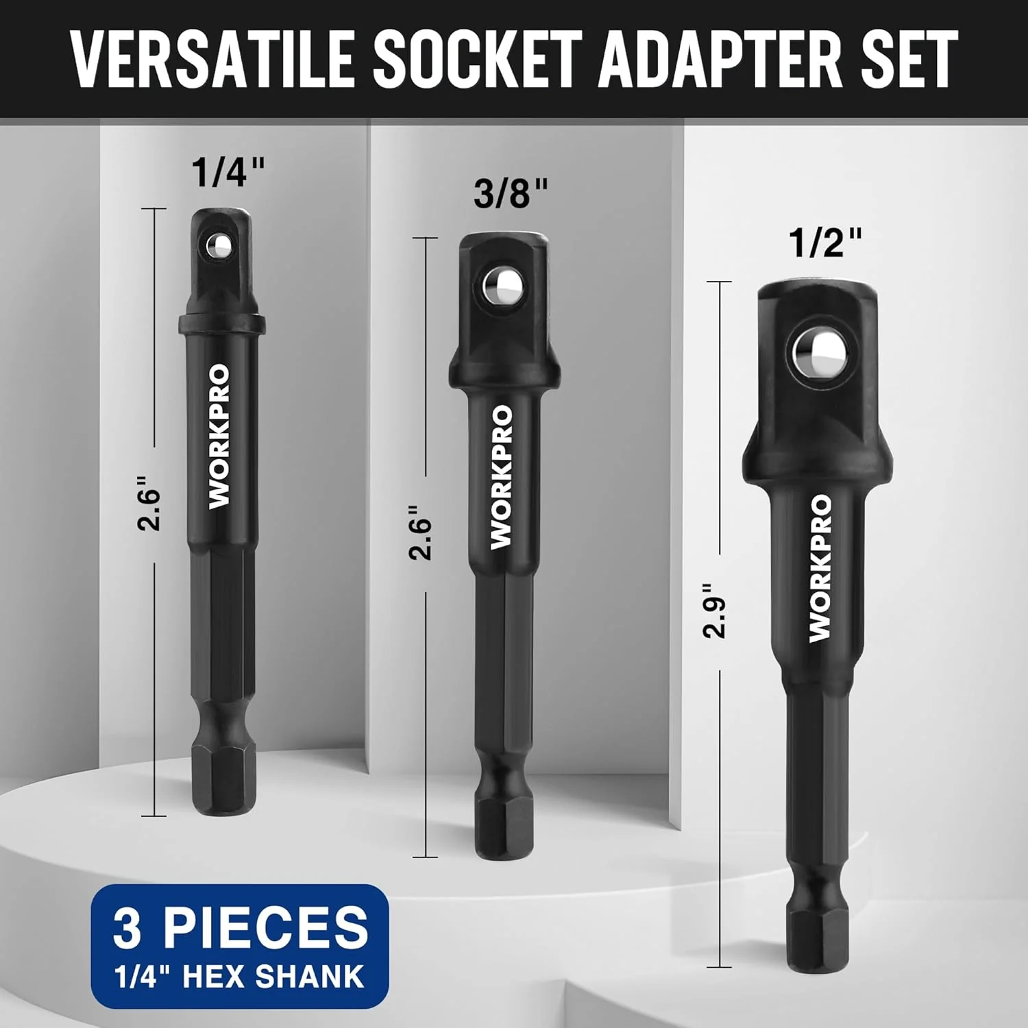 WORKPRO 7-Piece Impact Socket Adapter & Extension Set, CR-MO Steel | Includes 3-Piece 1/4" Hex Shank Impact Extension (1/4",3/8",1/2" Drive) & 4-Piece Socket Adapter/Reducer Set, Impact Grade - Image 3