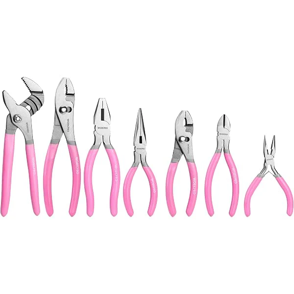 WORKPRO 7-piece Pliers Set with Groove Joint, Long Nose, Slip Joint, Linesman, and Diagonal Pliers for DIY & Home Use - Pink Ribbon