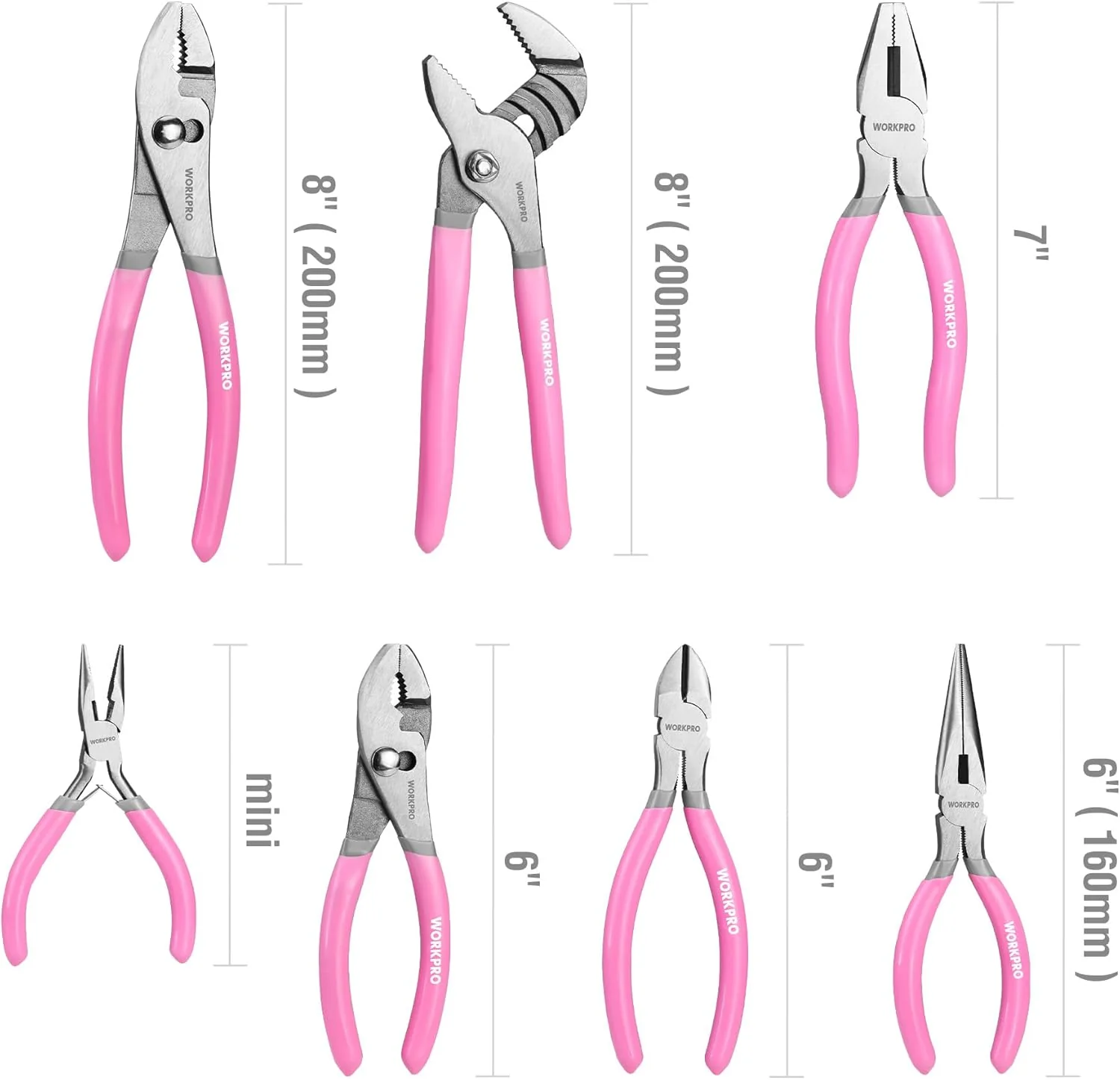 WORKPRO 7-piece Pliers Set with Groove Joint, Long Nose, Slip Joint, Linesman, and Diagonal Pliers for DIY & Home Use - Pink Ribbon - Image 3
