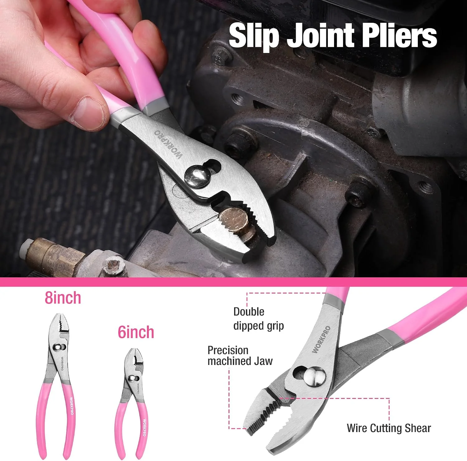WORKPRO 7-piece Pliers Set with Groove Joint, Long Nose, Slip Joint, Linesman, and Diagonal Pliers for DIY & Home Use - Pink Ribbon - Image 4