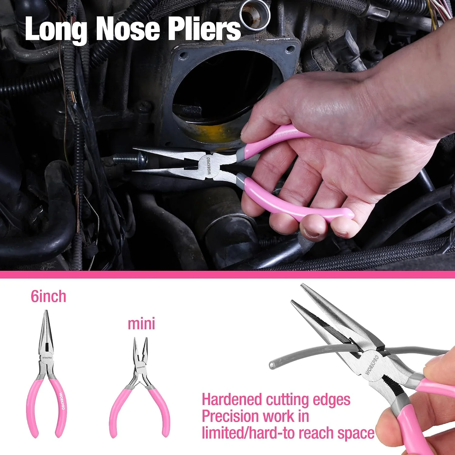 WORKPRO 7-piece Pliers Set with Groove Joint, Long Nose, Slip Joint, Linesman, and Diagonal Pliers for DIY & Home Use - Pink Ribbon - Image 7