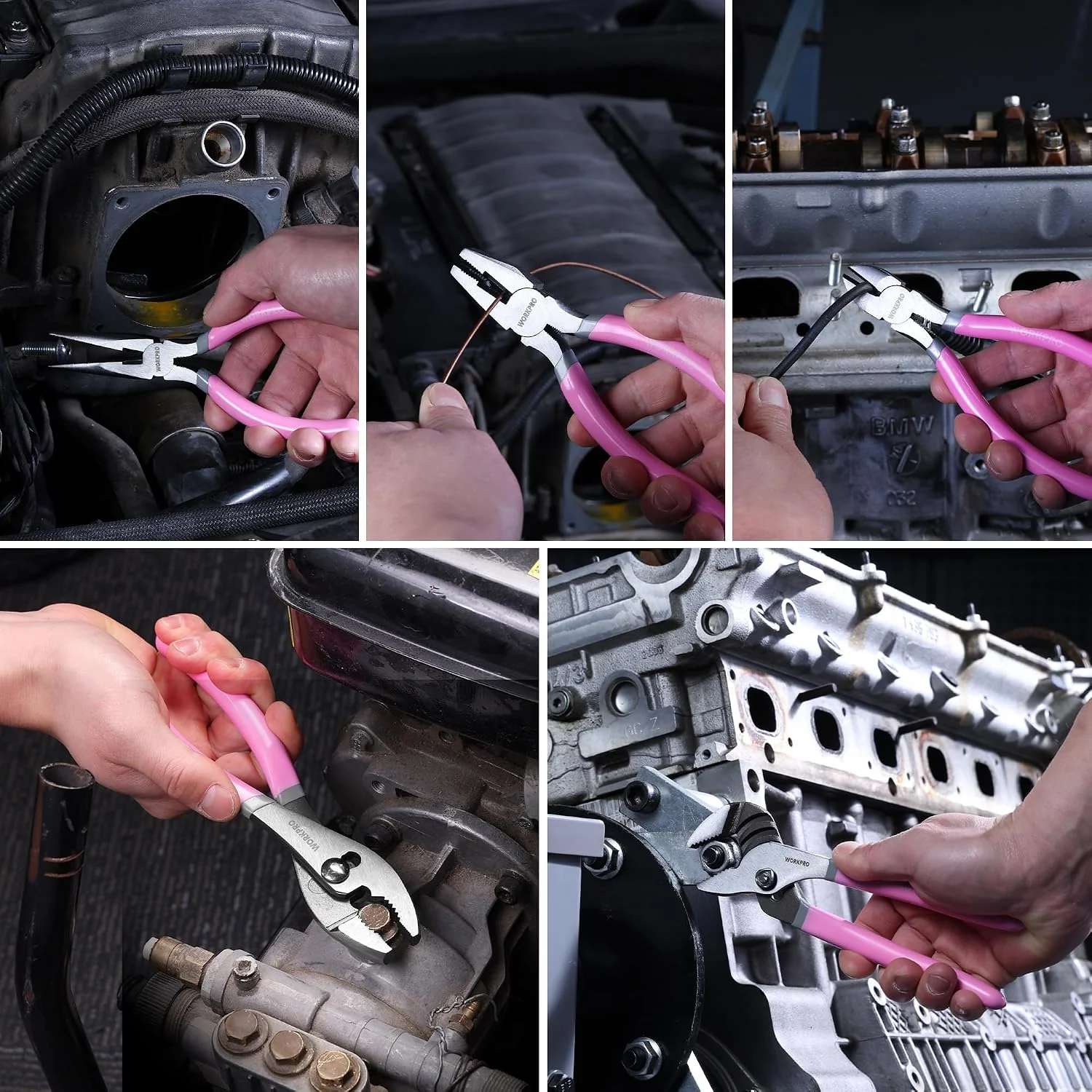 WORKPRO 7-piece Pliers Set with Groove Joint, Long Nose, Slip Joint, Linesman, and Diagonal Pliers for DIY & Home Use - Pink Ribbon - Image 9