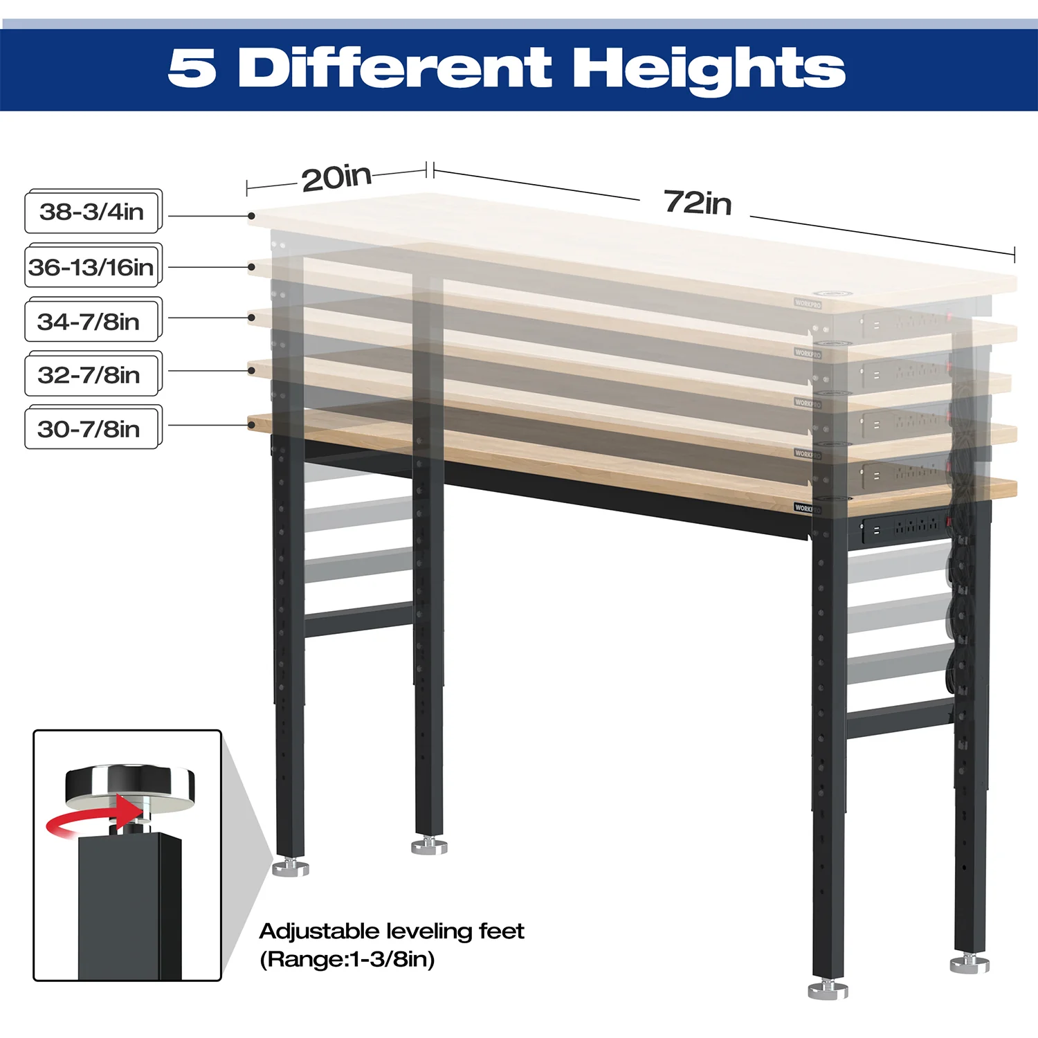 WORKPRO 72" Adjustable Workbench 3000 LBS Load Capacity Hardwood Worktable with Power Outlets - Image 4