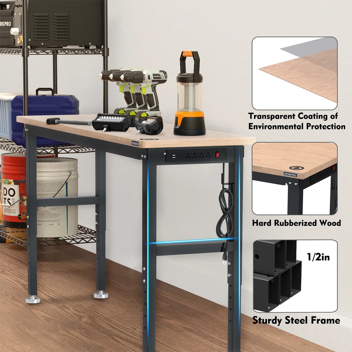 WORKPRO 72" Adjustable Workbench 3000 LBS Load Capacity Hardwood Worktable with Power Outlets - Image 5