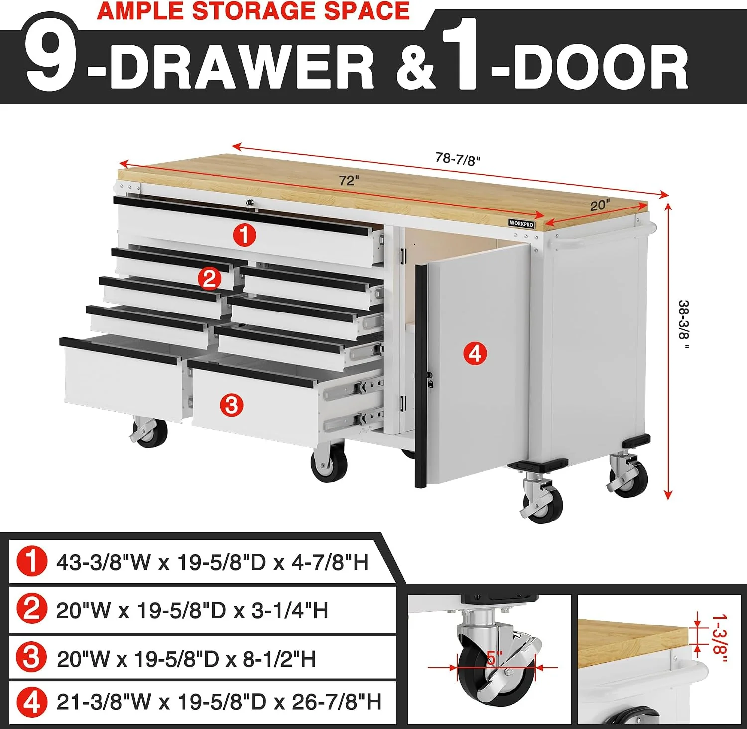 WORKPRO 72" x 22" 9-Drawer & 1-Door Rolling Tool Chest, Mobile Tool Storage Cabinet with Power Strip, Locking System, Heavy Duty Rolling Cabinet for Garage, Home & Kitchen, 1500 lbs Capacity - Image 2