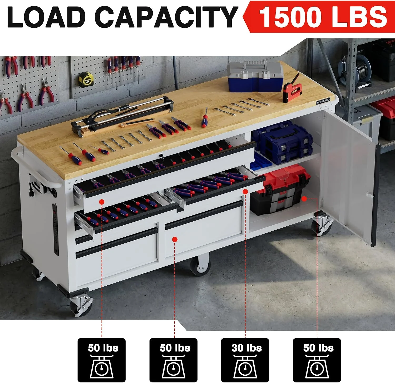 WORKPRO 72" x 22" 9-Drawer & 1-Door Rolling Tool Chest, Mobile Tool Storage Cabinet with Power Strip, Locking System, Heavy Duty Rolling Cabinet for Garage, Home & Kitchen, 1500 lbs Capacity - Image 3