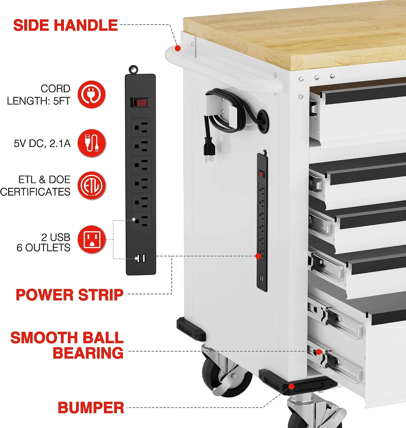 WORKPRO 72" x 22" 9-Drawer & 1-Door Rolling Tool Chest, Mobile Tool Storage Cabinet with Power Strip, Locking System, Heavy Duty Rolling Cabinet for Garage, Home & Kitchen, 1500 lbs Capacity - Image 4