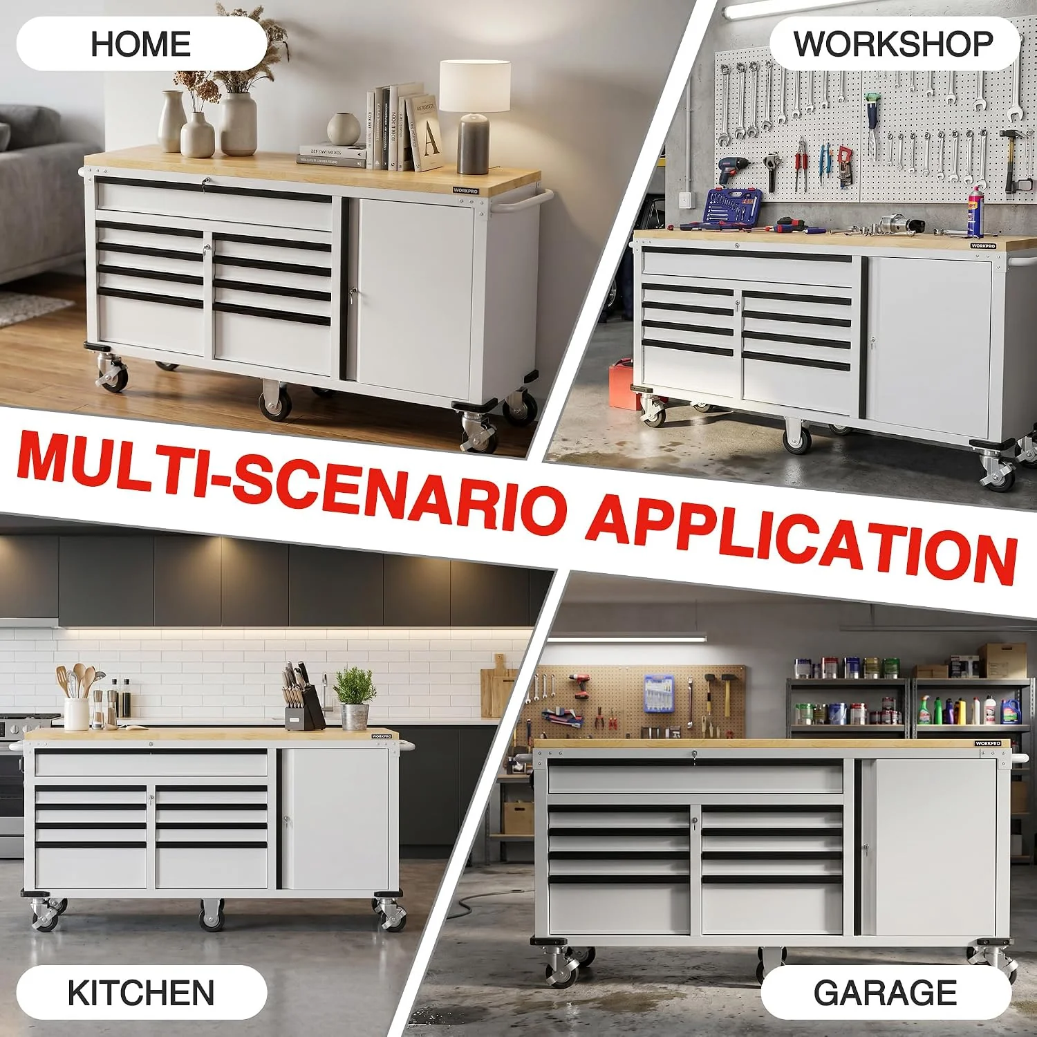 WORKPRO 72" x 22" 9-Drawer & 1-Door Rolling Tool Chest, Mobile Tool Storage Cabinet with Power Strip, Locking System, Heavy Duty Rolling Cabinet for Garage, Home & Kitchen, 1500 lbs Capacity - Image 7
