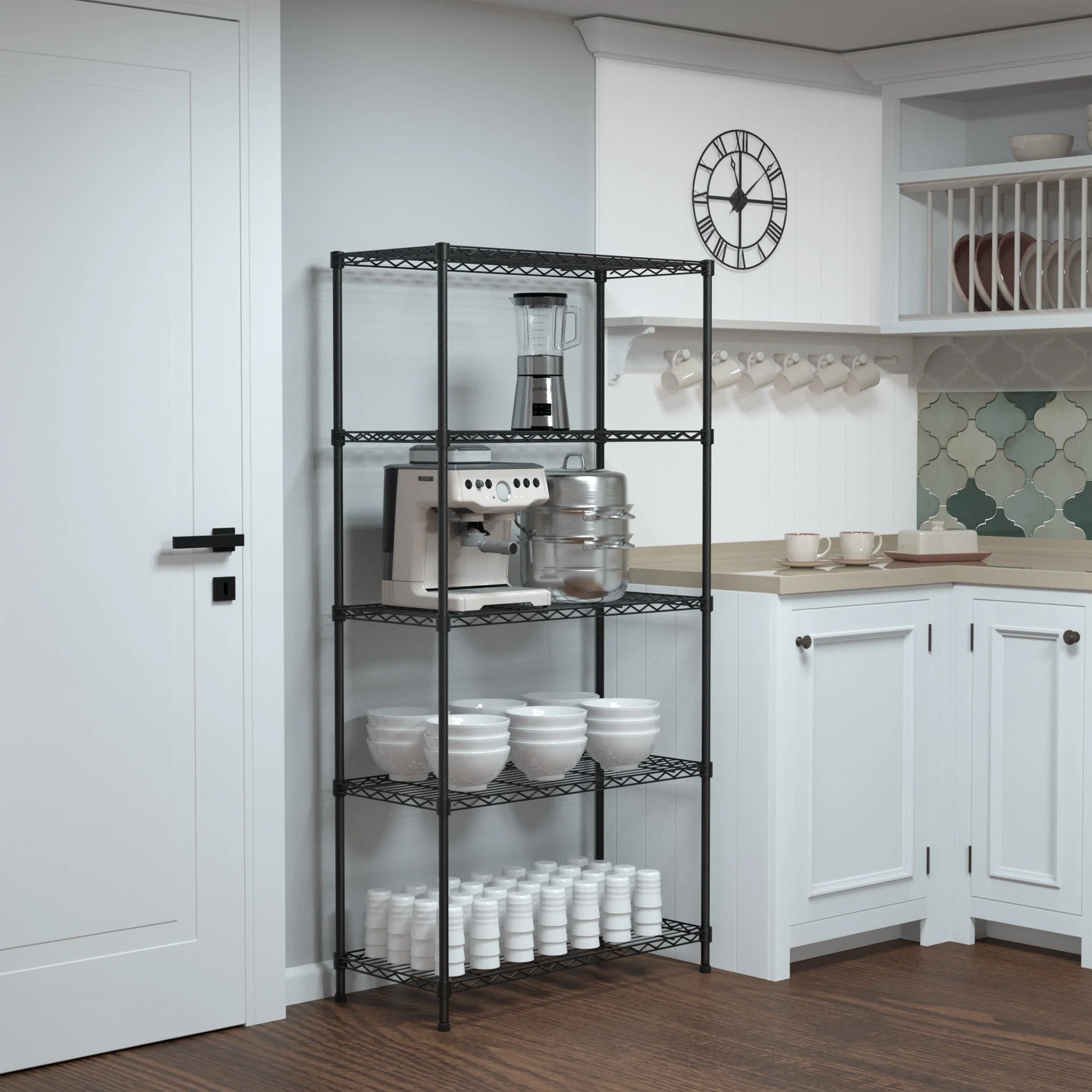 WORKPRO 750lbs Storage Shelves, 5 Tier Metal Shelving Unit, Garage Wire Rack, Standing Adjustable Shelves with Hooks for Pantry Closet Kitchen Basement, 30" W x 14" D x 60" H - Image 2