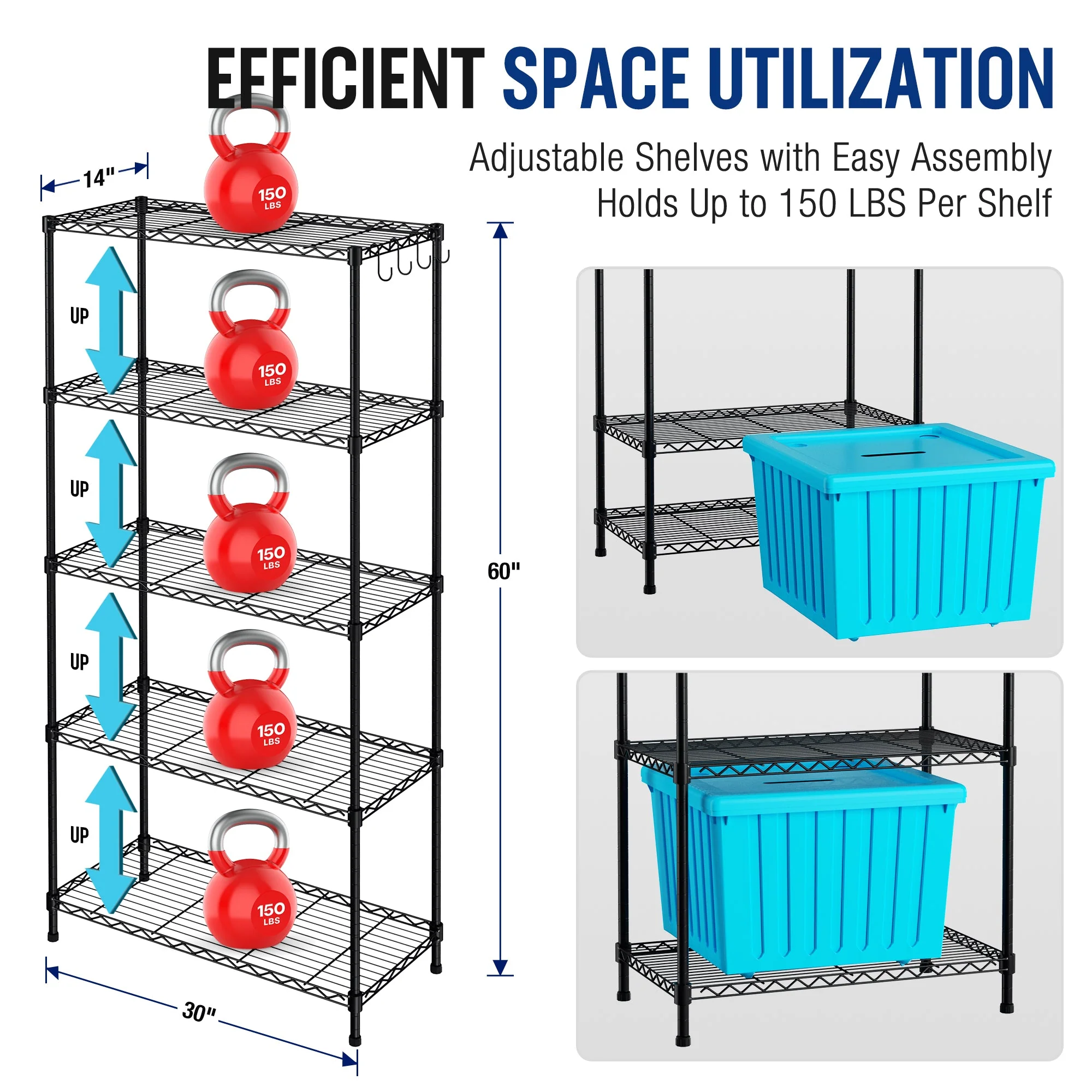 WORKPRO 750lbs Storage Shelves, 5 Tier Metal Shelving Unit, Garage Wire Rack, Standing Adjustable Shelves with Hooks for Pantry Closet Kitchen Basement, 30" W x 14" D x 60" H - Image 3