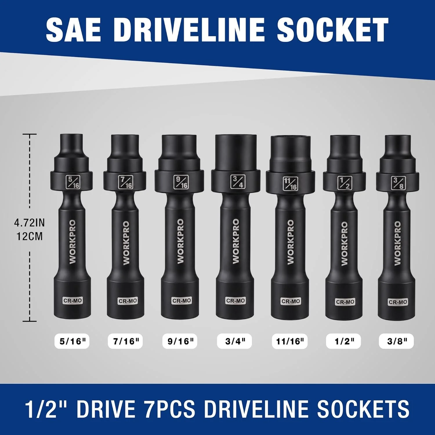 WORKPRO 7PCS 1/2" Drive Driveline Socket Set with Storage Case | 12-Point SAE Swivel Socket, CR-MO Steel Driveline Limited Clearance Socket Set for Automotive and Mechanical Use - Image 3