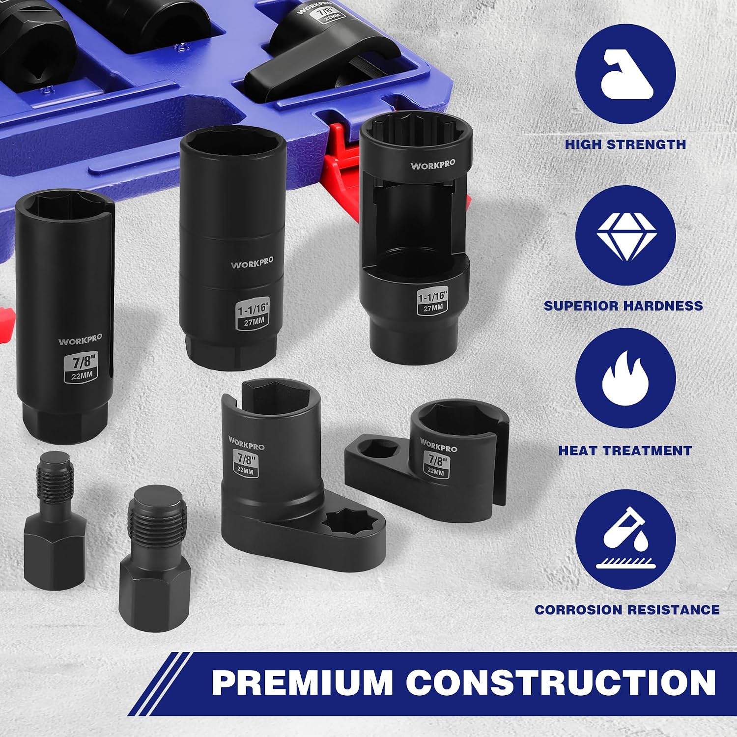 WORKPRO 7PCS O2 Oxygen Sensor Socket, Automotive 3/8" 1/2" Drive x 1-1/16" 7/8" 27mm 22mm O2 Sensor Socket Removal Tool Wrench and Thread Chaser Set, for Oil Pressure Vacuum Thermal Oxygen Sensors - Image 7
