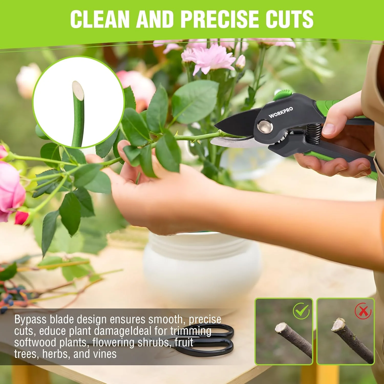 WORKPRO 8.5" Bypass Pruning Shear, Heavy Duty Garden Scissors & Clippers with Labor-Saving Design, Handheld Gardening Shears with Sharp Blade for Branch Trimming and Floral arrangement - Image 4