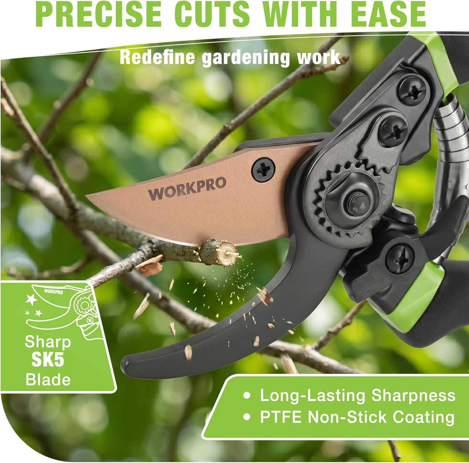 WORKPRO 8.5" Bypass Pruning Shears, Die-cast Aluminum Handle, Garden Shears with Sharp SK5 Blade, Garden Clippers, Hand Pruner for Branches, Flowers, Fruits, Plants, Effortlessly Prunes 3/4" Branches - Image 3