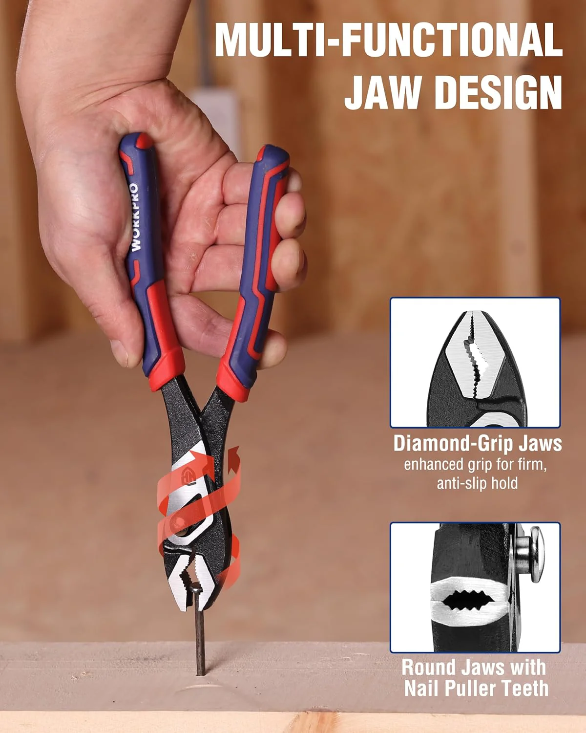 WORKPRO 8.5 Inch Slip Joint Pliers, Heavy Duty Carbon Steel Plier Tools | 4-Modes Adjustment, TPR Handle, Box-joint Design, Diamond-Grip Jaws with Nail Puller Teeth For Maximum Grip - Image 7