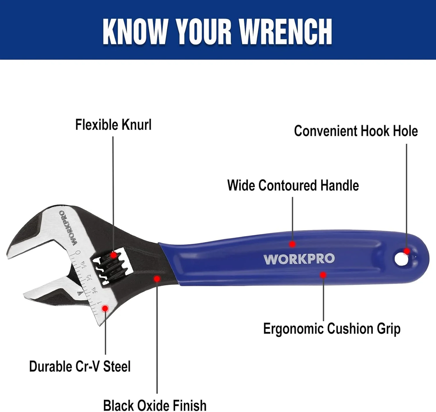 WORKPRO 8-Inch Adjustable Wrench, Cr-V Steel Wide Jaw Black Oxide Wrench, Metric & SAE Scales, for Home, Garage, Workshop and DIY - Image 2