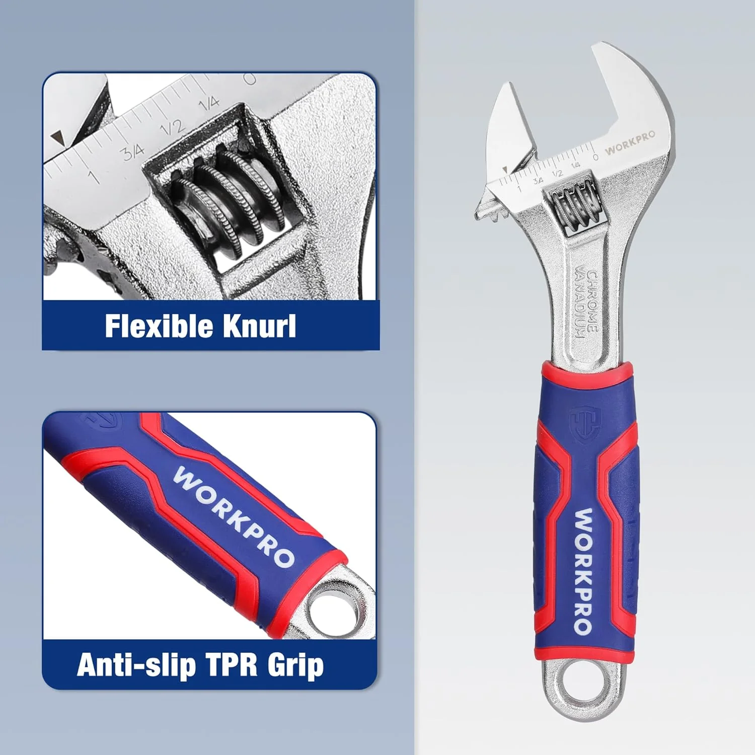 WORKPRO 8-inch Adjustable Wrench, Wide Jaw Opening Wrench with Rubber Anti-slip grip, Metric/SAE Scales, Premium Cr-V Steel, Chrome Plated - Image 4
