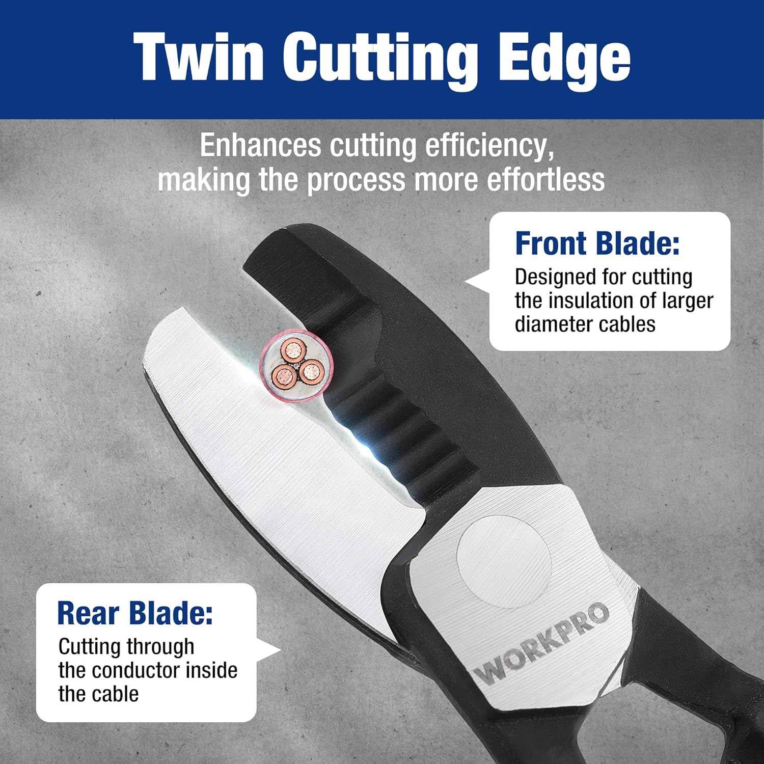 WORKPRO 8 Inch Cable Cutter with Twin Cutting Edge, Heavy Duty Wire Cutters with Anti-Slip Beveled Edge Up to 3/16", Cable Clippers for Aluminum, Copper, Wire, and Communications Cable - Image 4