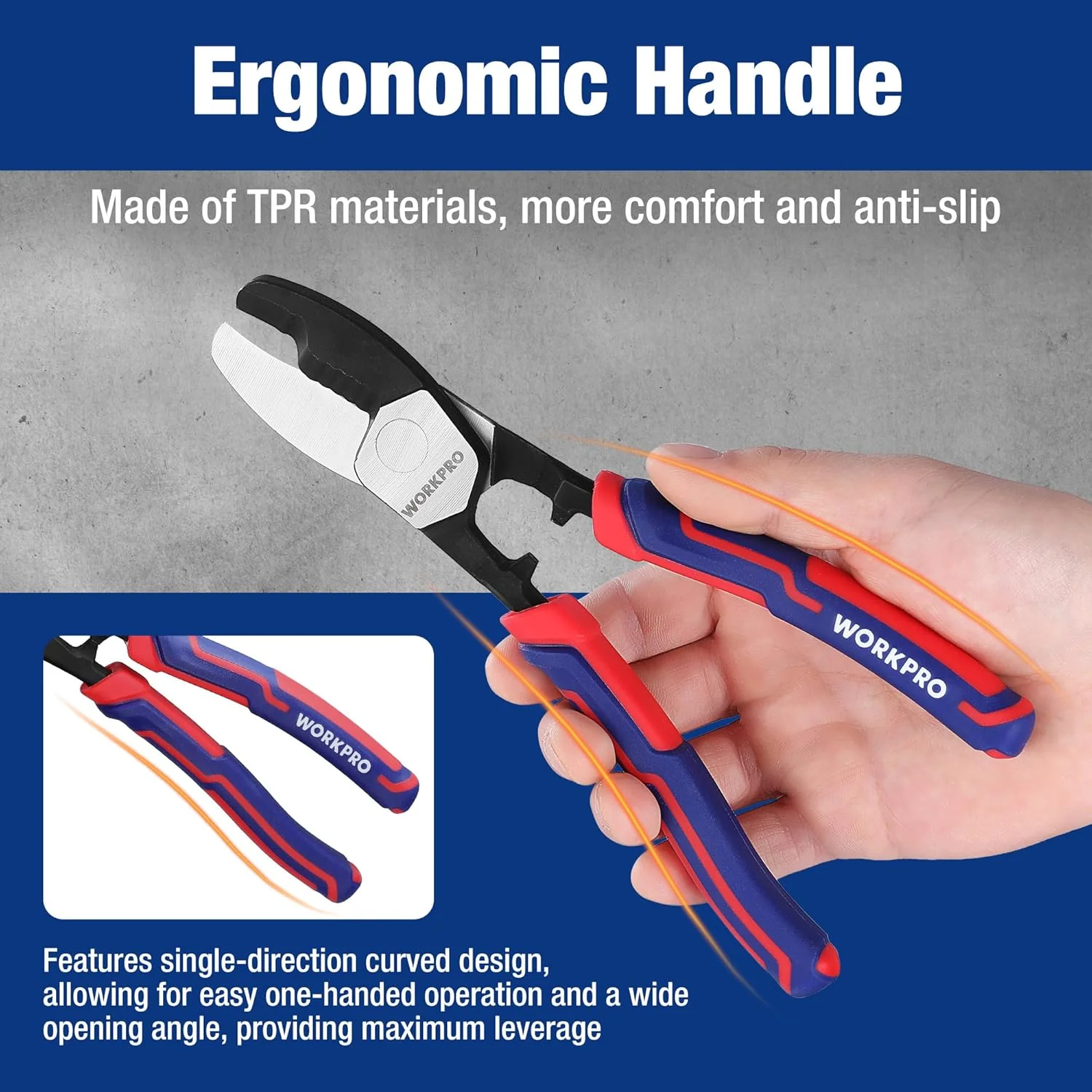 WORKPRO 8 Inch Cable Cutter with Twin Cutting Edge, Heavy Duty Wire Cutters with Anti-Slip Beveled Edge Up to 3/16", Cable Clippers for Aluminum, Copper, Wire, and Communications Cable - Image 6
