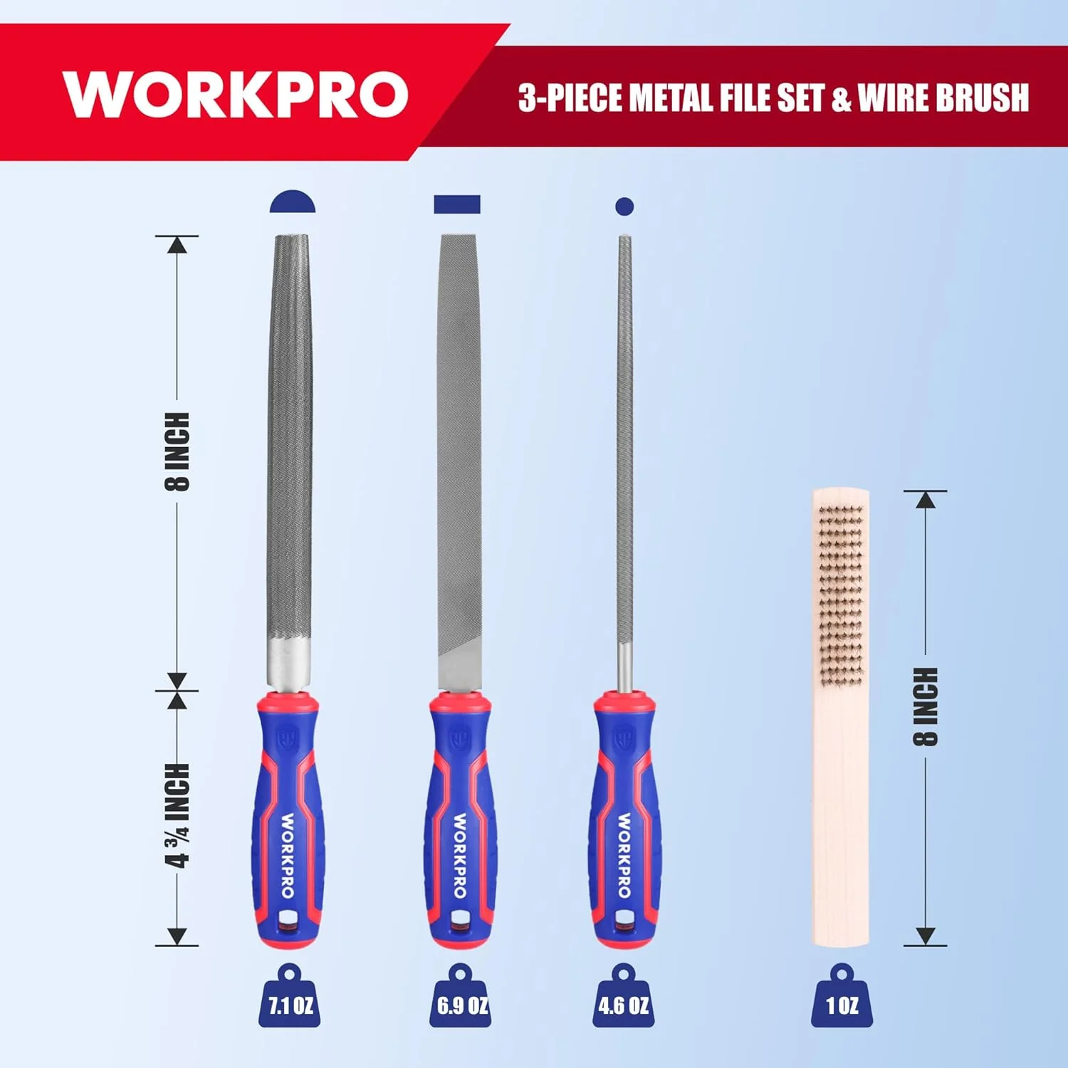 WORKPRO 8-Inch Metal File Set, 3-Piece Flat Half Round Round Files | Carbon Steel Files with Wire Brush & Storage Pouch for Woodworking, Metalworking, Shaping and Smoothing - Image 3