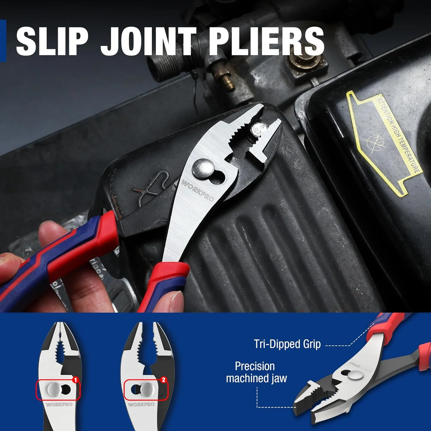 WORKPRO 8” Slip Joint Pliers Tool, Large Soft Grip,Rust Prevention Finish, 3-Zone Serrated Jaw Forged from High Carbon Steel for Maximum Grip - Image 6