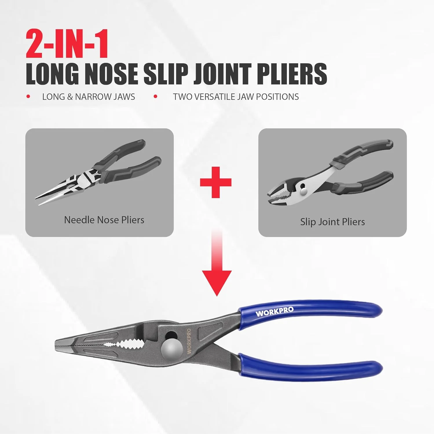 WORKPRO 8'' Long Nose Slip Joint Pliers, CR-V Needle Nose Pliers with Comfortable Grip Handles, 3-Zone Serrated Jaw from Premium Steel for Clamping, Tightening and Loosening - Image 3
