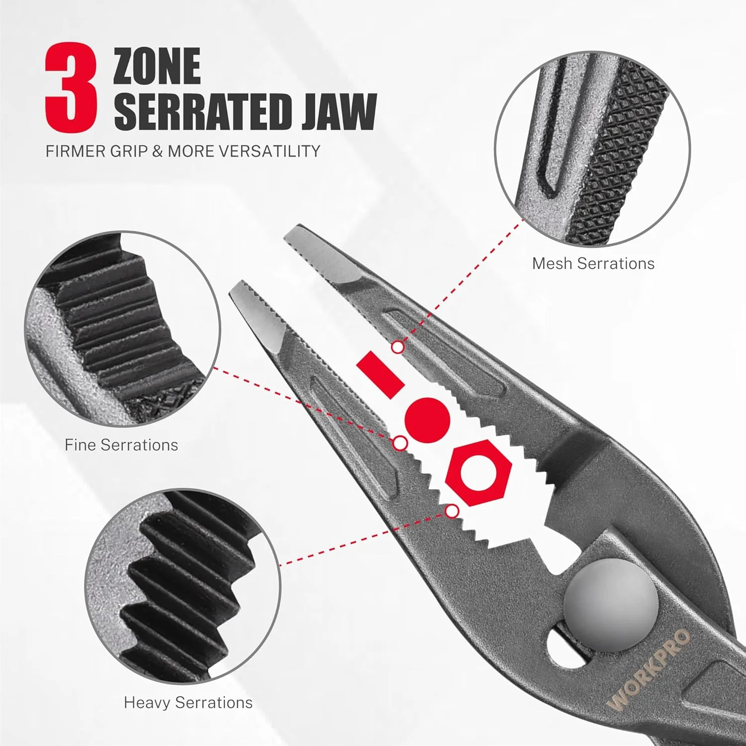 WORKPRO 8'' Long Nose Slip Joint Pliers, CR-V Needle Nose Pliers with Comfortable Grip Handles, 3-Zone Serrated Jaw from Premium Steel for Clamping, Tightening and Loosening - Image 5