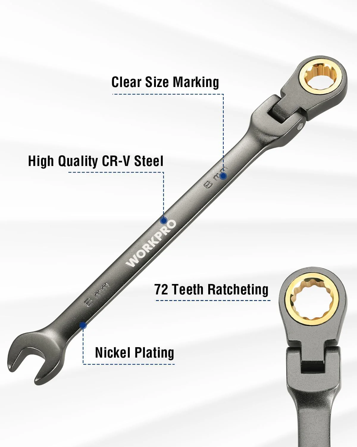 WORKPRO 8 mm Flex-Head Ratcheting Combination Wrench, Cr-V Constructed, Nickel Plating, 72-Teeth, 12 Point Design, Metric - Image 2