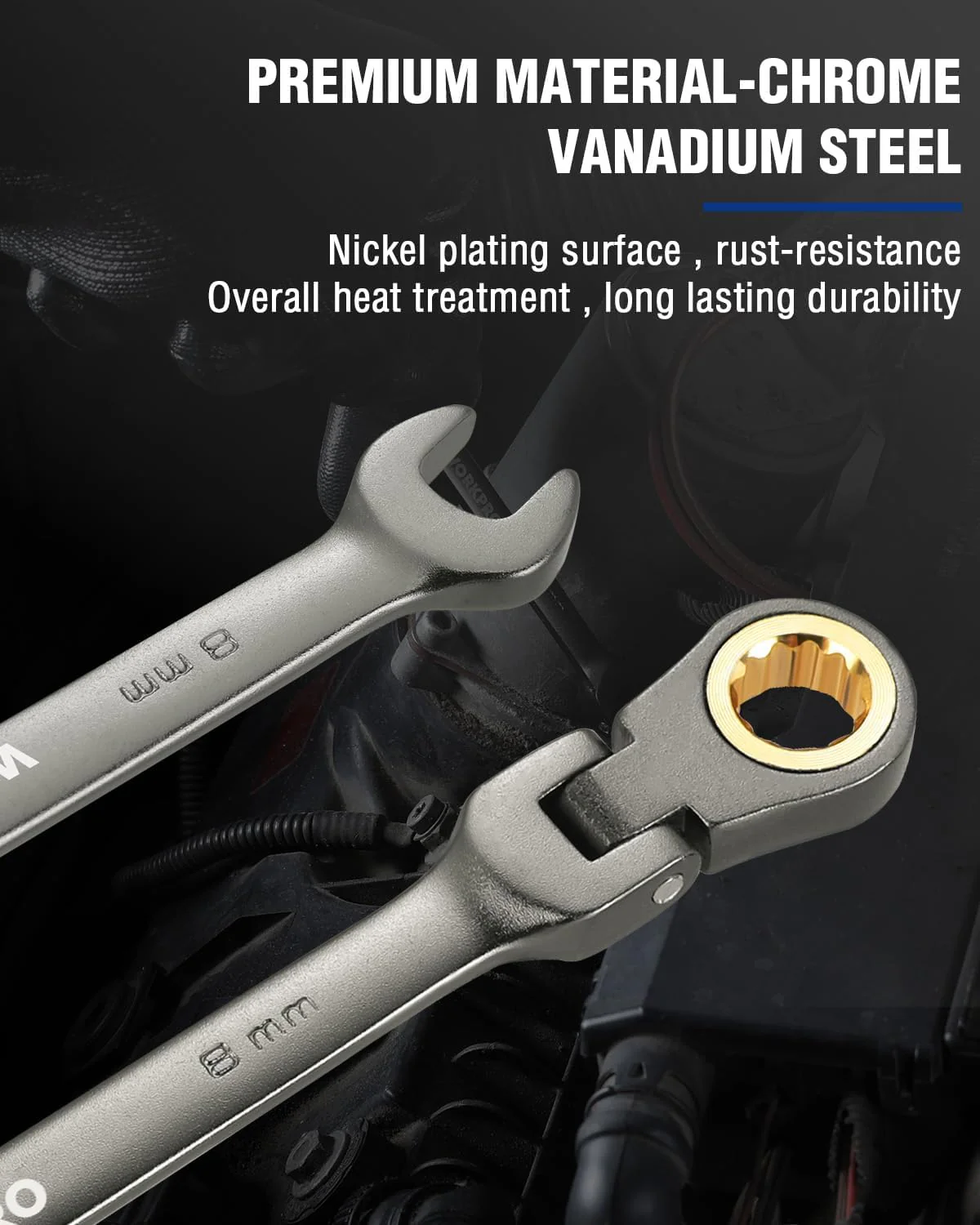WORKPRO 8 mm Flex-Head Ratcheting Combination Wrench, Cr-V Constructed, Nickel Plating, 72-Teeth, 12 Point Design, Metric - Image 3