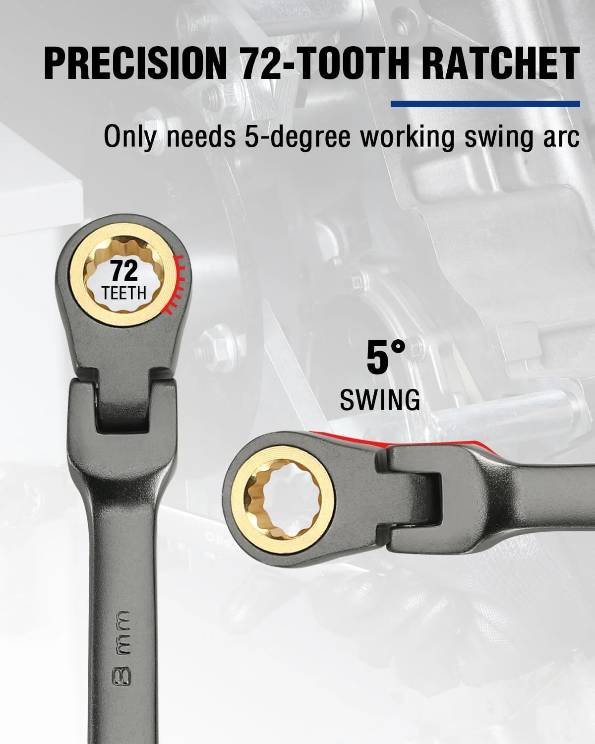 WORKPRO 8 mm Flex-Head Ratcheting Combination Wrench, Cr-V Constructed, Nickel Plating, 72-Teeth, 12 Point Design, Metric - Image 6