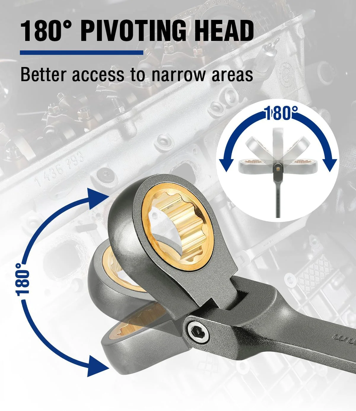 WORKPRO 8 mm Flex-Head Ratcheting Combination Wrench, Cr-V Constructed, Nickel Plating, 72-Teeth, 12 Point Design, Metric - Image 7