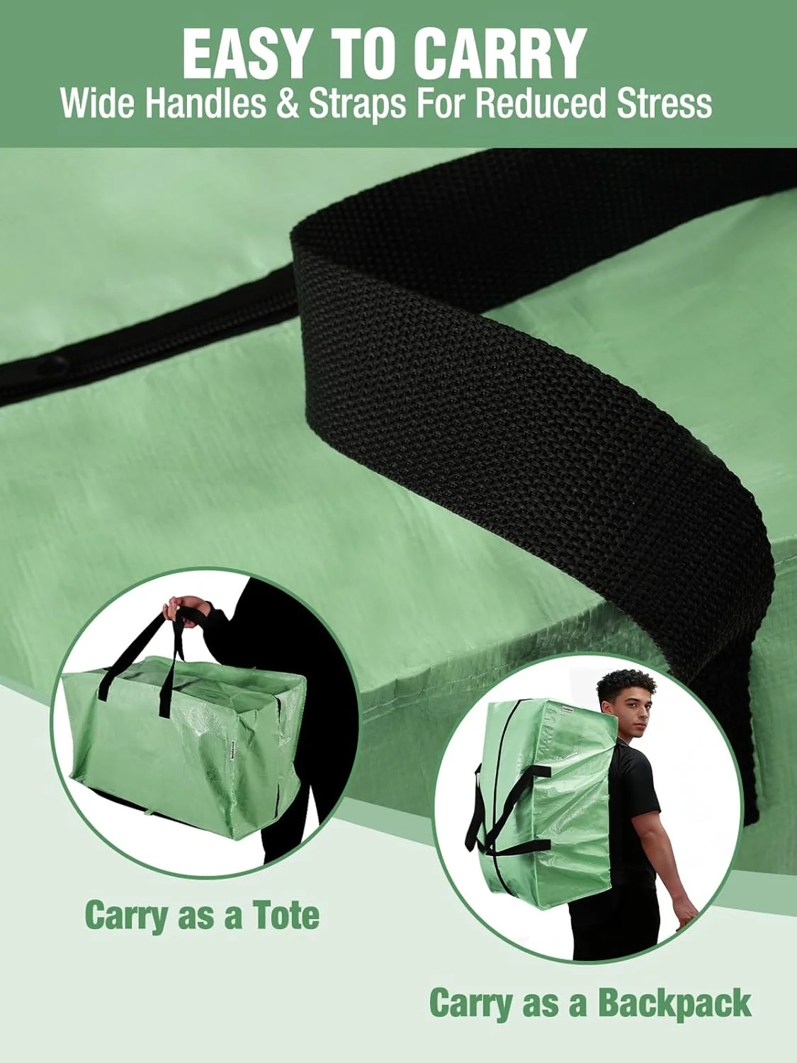 WORKPRO 8 Pack Extra Large Moving Bags with Zippers & Carrying Handles Backpack Straps, Heavy-Duty Storage Tote for Space Saving & Storage, Alternative to Moving Box (Green) - Image 5