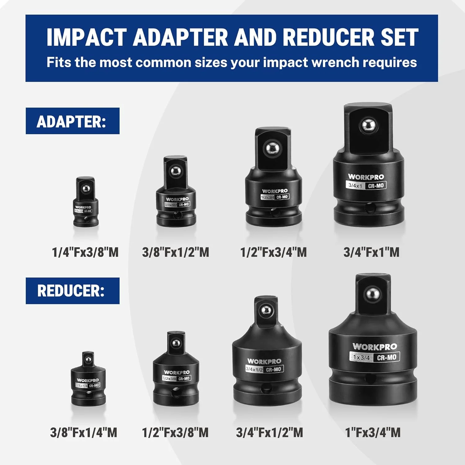 WORKPRO 8-PC Impact Socket Adapter Set with Case, CR-MO Steel | 1/4",3/8",1/2",3/4",1" Drive Adapters, Impact Wrench Conversion Kit, Automotive & Mechanical Repair, Impact Grade - Image 2