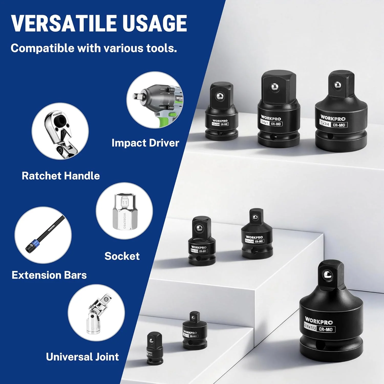 WORKPRO 8-PC Impact Socket Adapter Set with Case, CR-MO Steel | 1/4",3/8",1/2",3/4",1" Drive Adapters, Impact Wrench Conversion Kit, Automotive & Mechanical Repair, Impact Grade - Image 6