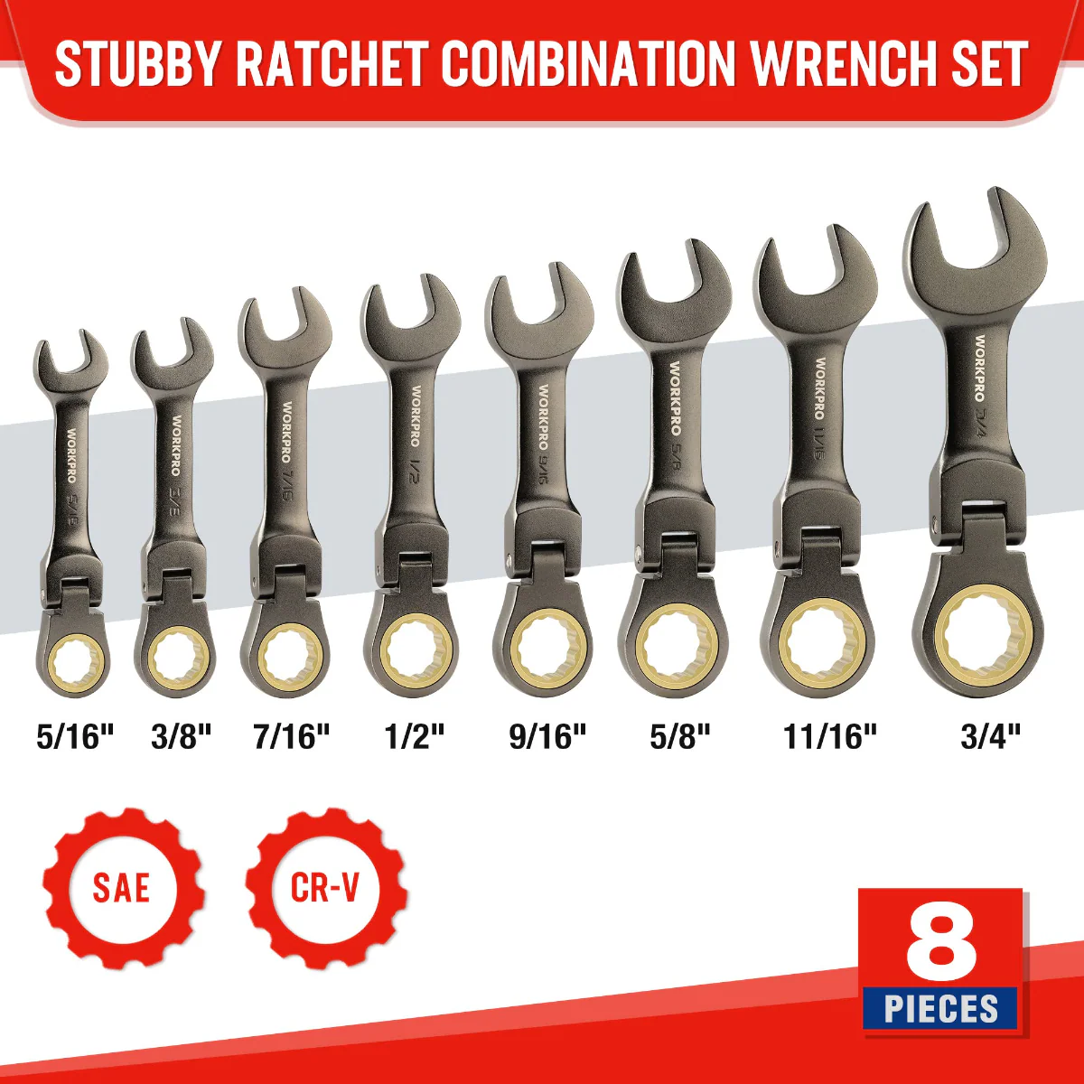 WORKPRO 8 Pcs Flex-Head Stubby Ratcheting Combination Wrench Set - Image 2