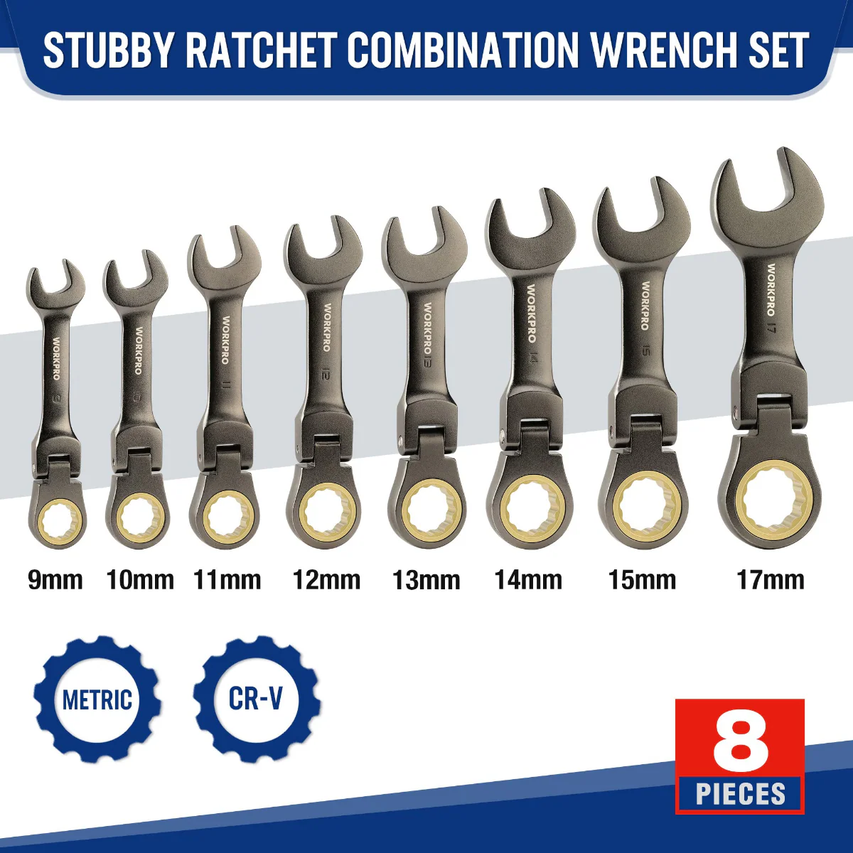 WORKPRO 8 Pcs Flex-Head Stubby Ratcheting Combination Wrench Set - Image 9