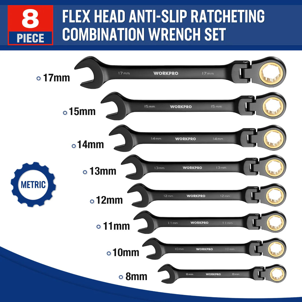 WORKPRO 8 Pcs Ratcheting Combination Flex-Head Anti-Slip Wrench Set - Image 12