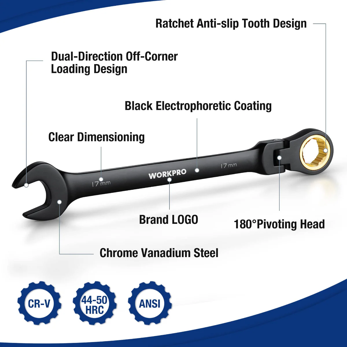WORKPRO 8 Pcs Ratcheting Combination Flex-Head Anti-Slip Wrench Set - Image 14