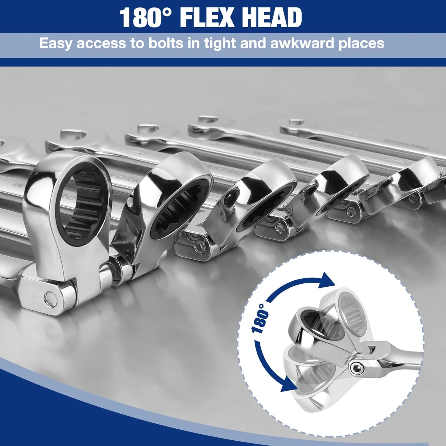 WORKPRO 8-piece Flex-Head Ratcheting Combination Wrench Set, Metric 8-17mm, 72-Teeth, Cr-V Constructed, Mirror Polished Chrome Plated with Roll Up Pouch - Image 3