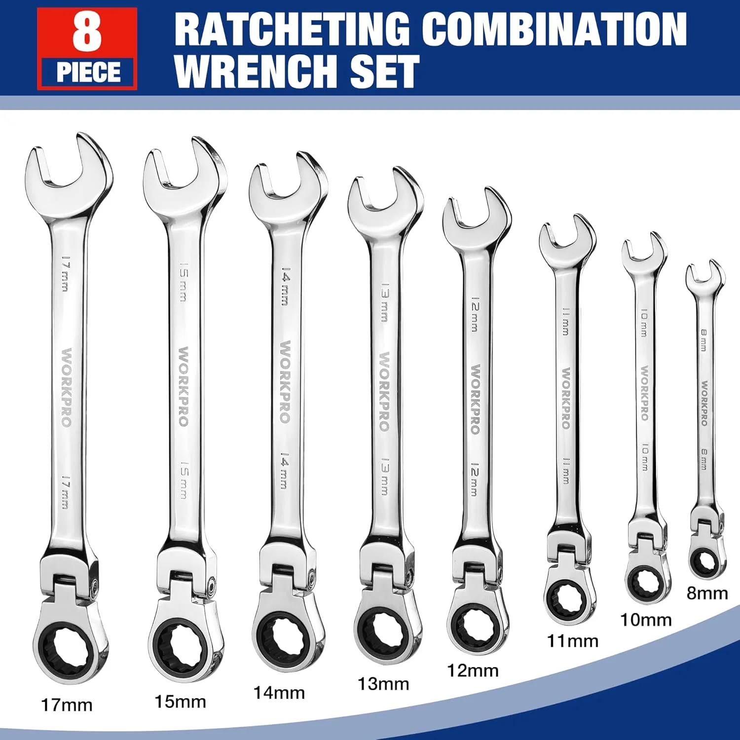 WORKPRO 8-piece Flex-Head Ratcheting Combination Wrench Set, Metric 8-17mm, 72-Teeth, Cr-V Constructed, Mirror Polished Chrome Plated with Roll Up Pouch - Image 4