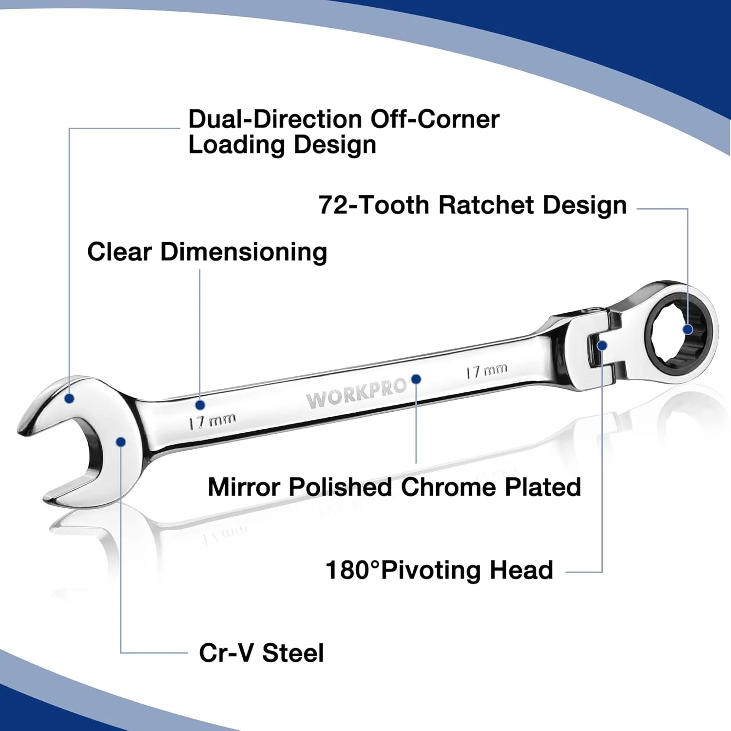 WORKPRO 8-piece Flex-Head Ratcheting Combination Wrench Set, Metric 8-17mm, 72-Teeth, Cr-V Constructed, Mirror Polished Chrome Plated with Roll Up Pouch - Image 5
