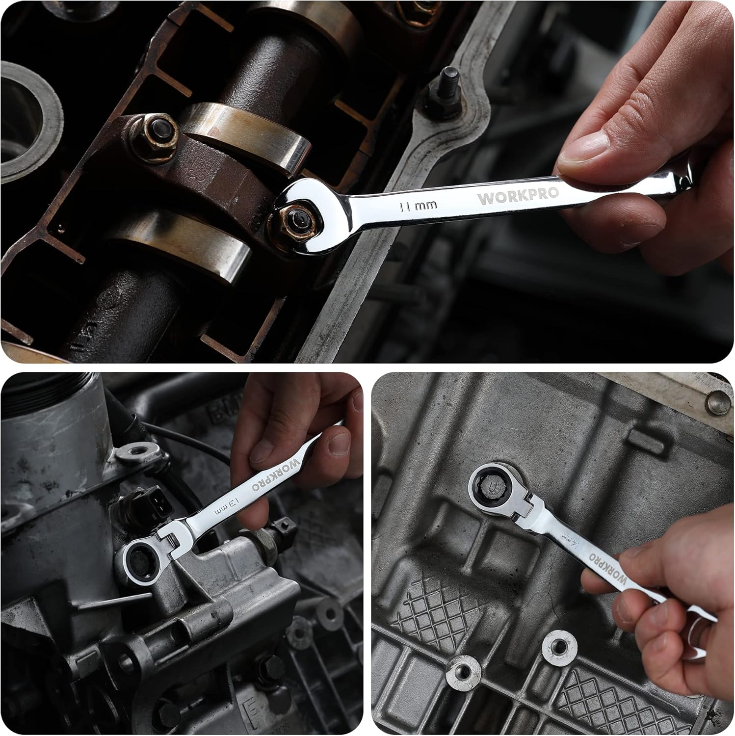WORKPRO 8-piece Flex-Head Ratcheting Combination Wrench Set, Metric 8-17mm, 72-Teeth, Cr-V Constructed, Mirror Polished Chrome Plated with Roll Up Pouch - Image 7