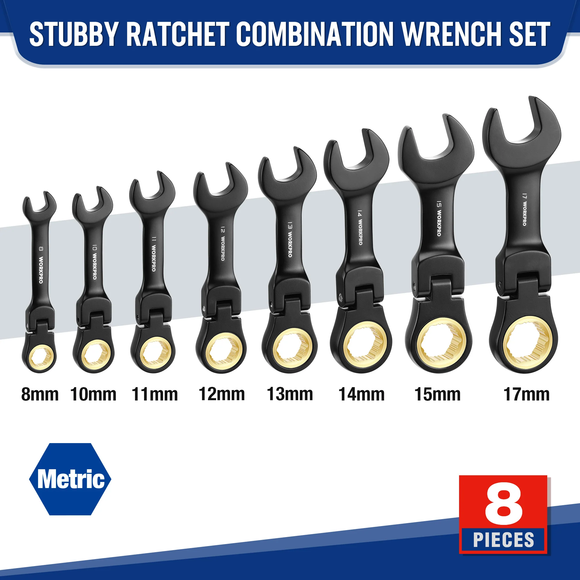 WORKPRO 8-Piece Flex-Head Stubby Anti-slip Ratcheting Wrench Set with Rolling Pouch - Image 13