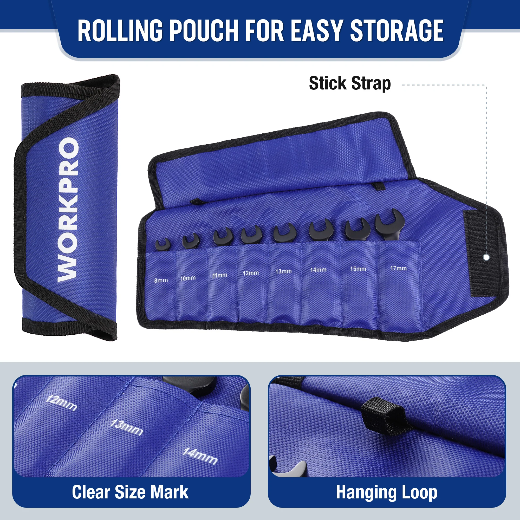 WORKPRO 8-Piece Flex-Head Stubby Anti-slip Ratcheting Wrench Set with Rolling Pouch - Image 16