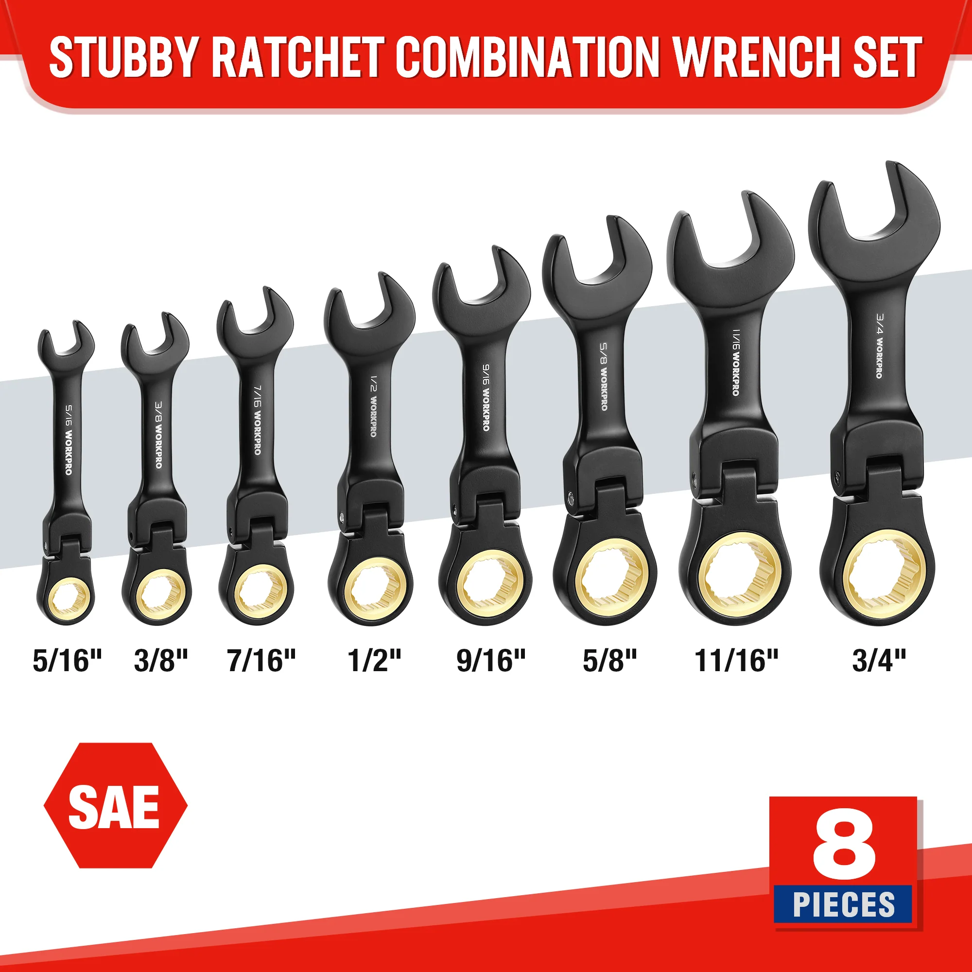 WORKPRO 8-Piece Flex-Head Stubby Anti-slip Ratcheting Wrench Set with Rolling Pouch - Image 5