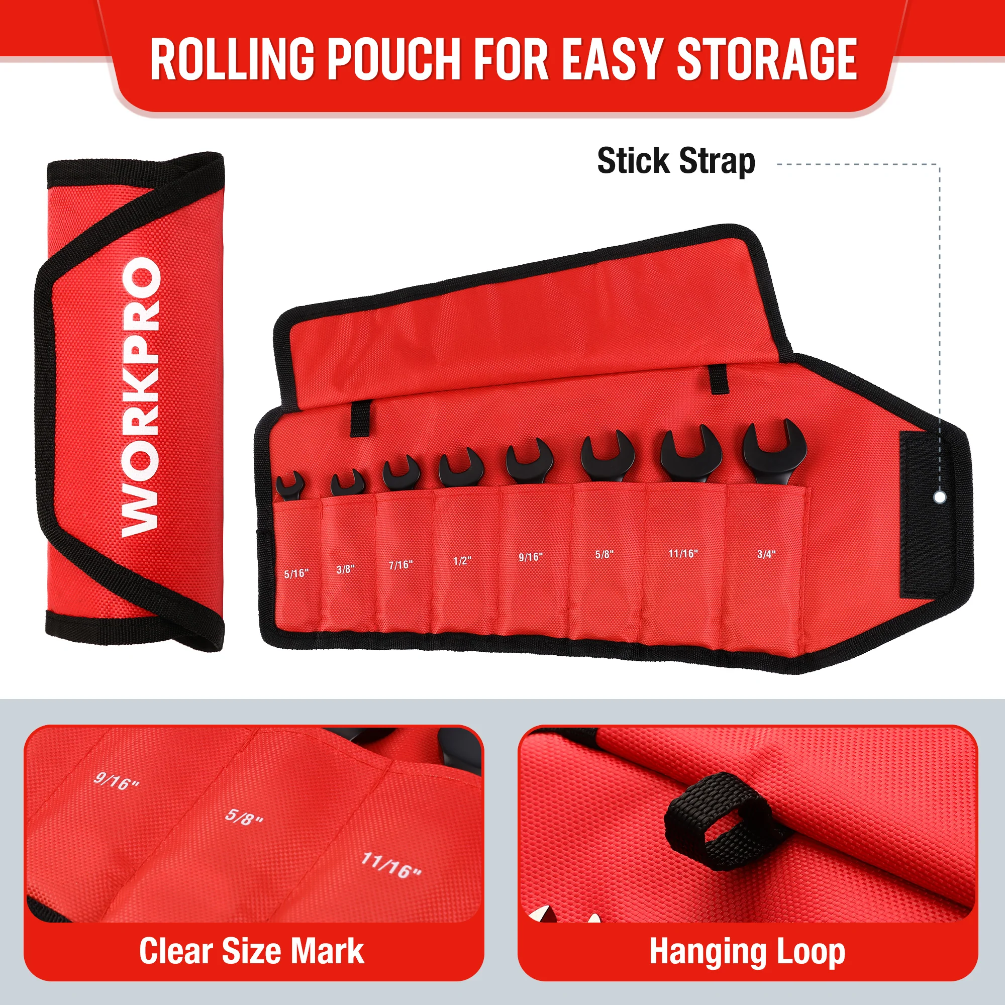 WORKPRO 8-Piece Flex-Head Stubby Anti-slip Ratcheting Wrench Set with Rolling Pouch - Image 8